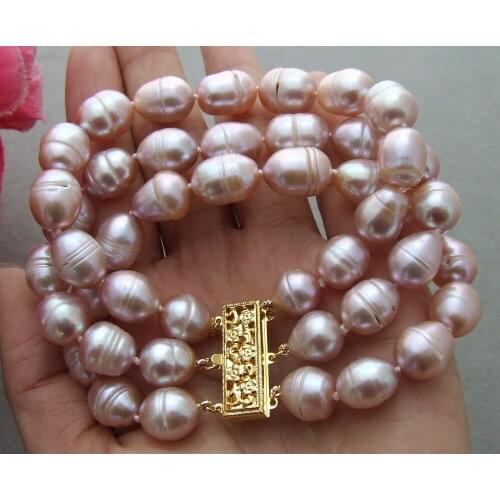 Beautiful 8'' 3Strands 10-11mm Purple Rice Freshwater Pearl Bracelet