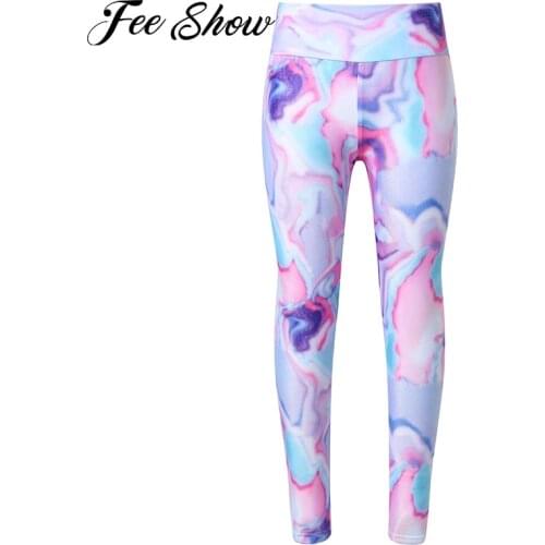Kids Girls Sport Pants Elastic Waistband Seamless Leggings Stretchy Skin Tight Running Workout Pant Tie Dye High Waist Trousers