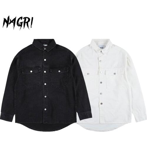 NAGRI Men Harajuku Solid Color Denim Shirts Vintage Turn Down Collar Long Sleeve Shirt Women Loose Blouse Korean Style Clothing