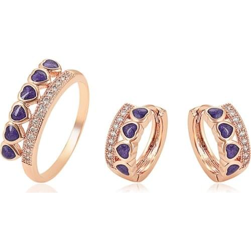 MxGxFam Rose Gold Color 585 Purple Hearts Hoop Earrings and Ring Jewelry Sets for Women AAA+ Zircon