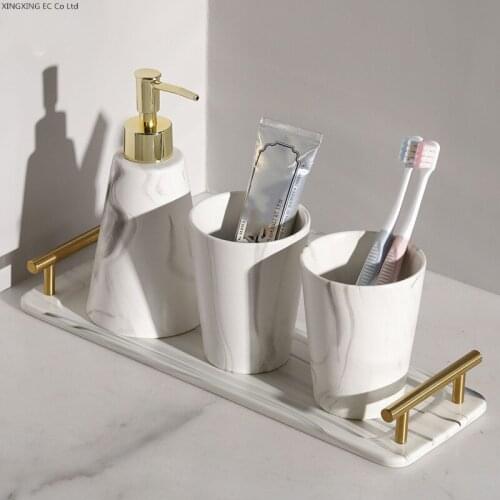 Nordic Light Luxury Marbled Bathroom Decoration Accessories Ceramic Toothbrush Holder Cup Soap Dish Storage Tray Four-piece Set
