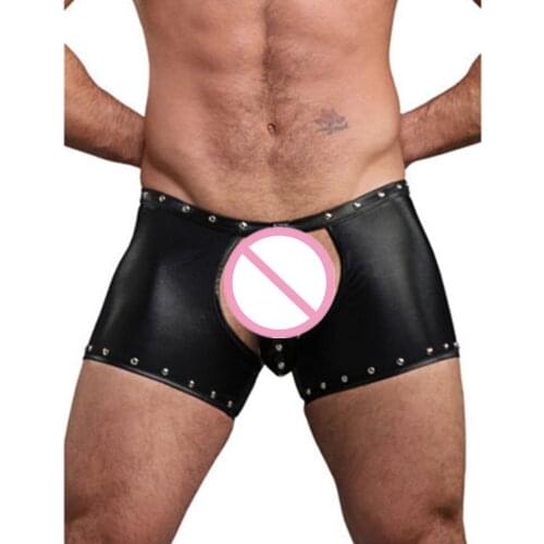 Punk Gothic Sexy PVC Shorts Men Black Wetlook Panties Hollow Out Gays Erotic Boxers Pole Dance Costume Faux Leather Game Uniform