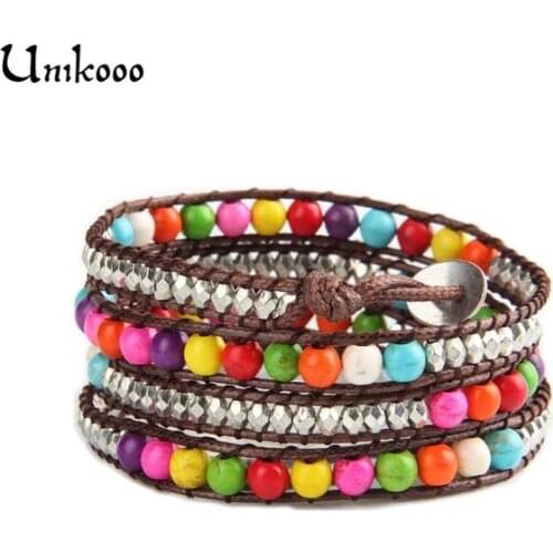 Rainbow Howlite beads Wrap Bracelet Wholesale Handmade Wrap Immitation Leather & Wax Fashion Bracelet Dropshipping