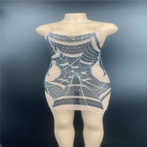 V79 Ballroom dance stage costumes perspective women evening dress diamonds crystal chain mesh one-piece printed skirt drilling