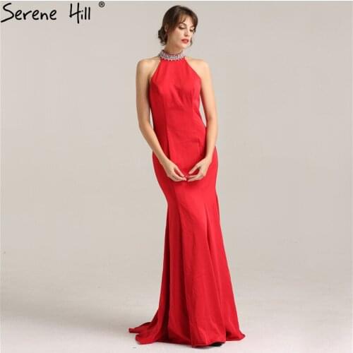Sexy Illusion Back High Neck Mermaid Evening Dresses 2020 Crystal Beaded Red Party Gowns Arabic Vestido De Festa Longo BLA6253