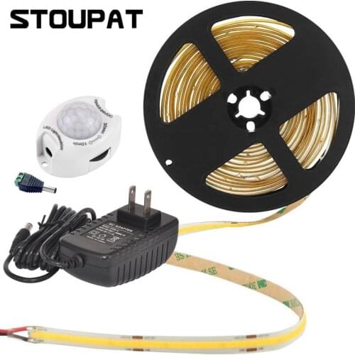 COB LED Strip Light with Motion Sensor IR Human Body Switch Flexible DC12V LED Tape Warm Nature Cool White for Bedroom Home 8mm