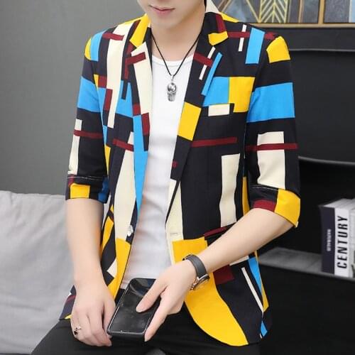 Summer thin suit men Korean version slim jacket leisure plaid small suit with seven minute sleeves handsome trend