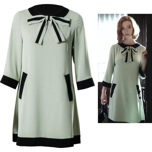 The Queens Gambit Beth Harmon Costume Dress Long Sleeve One Piece Dress Lovely Cross Retro Beth Lady Slim Vestido Halloween