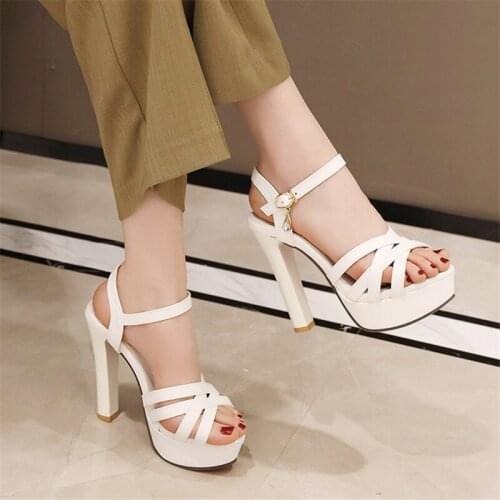 Ladies Sandals Platform High Heels Sexy Sandals white Open Toe Heels 9.5 cm Block Heel Shoes Party Shoes for Women Tacones Mujer