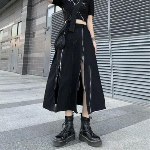 Women Harajuku Long Skirts Punk Zip Rock Asymmetric Skirt Gothic Japanese