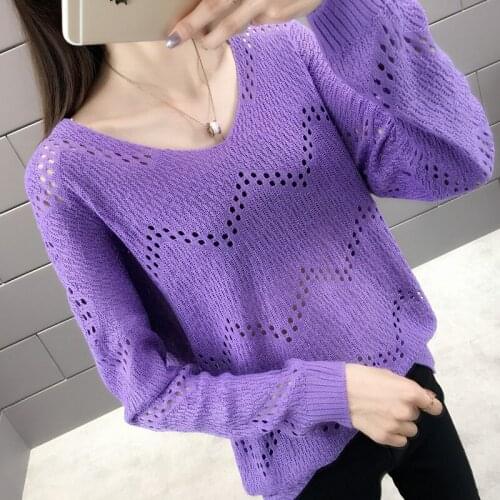 2020 Spring Autumn New Women Sweater V-Neck Hollow Out Thin Long Sleeve Loose Casual Knitted Bottoming Harajuku Ladies Tops Q446