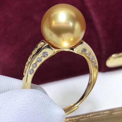 D517 Pearl Ring Fine Jewelry 925 Sterling Silver Round 10-11mm Nature Sea Water Gold Pearls Rings for Women Presents