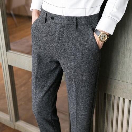 2021 Autum Winter Woolen Suit Trousers Men Business Dress Pants Solid Color Office Social Pants Casual Slim Wedding Men Clothing