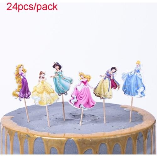 24PCS Decorate Birthday Party Cake Topper Girls Favors Belle Snow White Princess Theme Baby Shower Cupcake Toppers With Sticks