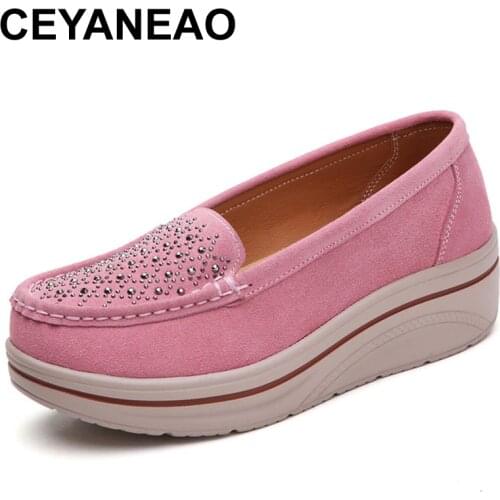 CEYANEAOSpring autumn women flat shoes platform woman sneakers moccasins shoes woman crystal without lace shoe suede leather lad