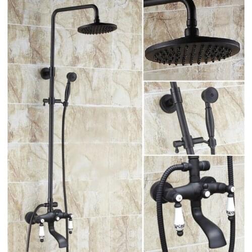Black oil Antique Brass Wall Mounted Rain Bathroom Rainfall Shower Faucet Set with Hand Spray Shower Head Tub Mixer Tap 2hg125