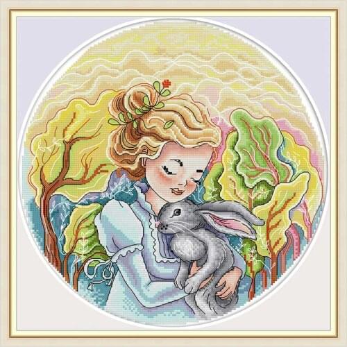 Girl and rabbit painting counted printed on the canvas 11CT 14CT DIY kit Cross Stitch embroidery needlework Sets home decor