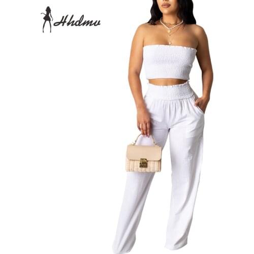 2020 Hot Chiffon Outfits Popular White Beach Vacation Sexy Young Strapless Top Long Wide Leg Pants Slim Women 2 Piece Set