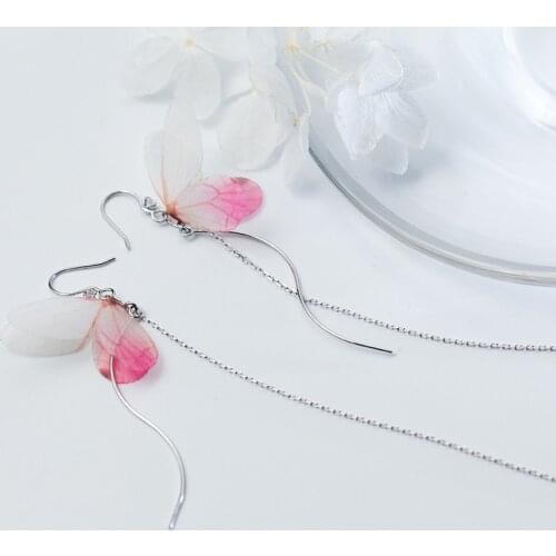 MloveAcc Luxury 925 Sterling Silver Pink Butterfly Long Tassel Chain Drop Earrings for Women Sterling Silver Jewelry