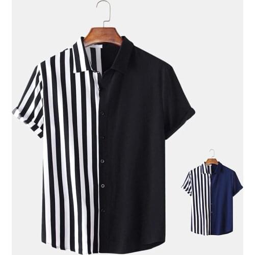 2021 Mens Clothing Fashion Two-color Striped Printed Shirt Casual Short Sleeve Printed White Shirt Mens Shirt Top Large Size
