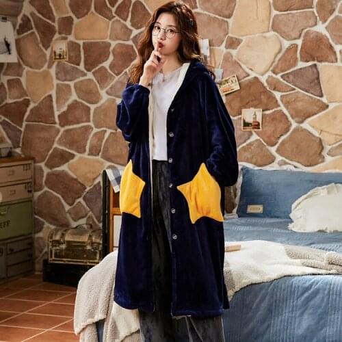 Nightgown Autumn and Winter Women Thick Long Robes Warm Sleepwear Coral fleece Cute Home flannel button Ladies
