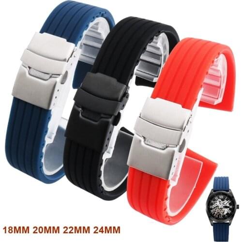 Stainless Steel Folding Clasp Deployment Buckle Waterproof Sport Watch Strap 18mm 20mm 22mm 24mm Universal Silicone Watchband