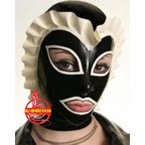 Sexy Black Latex Hood Fetish Mask Open Eyes Mouth with White Lace Back Zip Custom Free