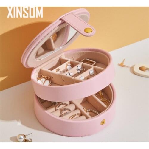 XINSOM Double Layers Round Jewelry Box With Mirror Women Earrings Rings Jewelry Organizer Portable Travel Casket Christmas Gift