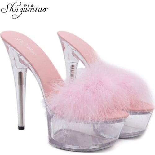 Shuzumiao Shoes Women 2020 Fur Sexy High Heel Slippers 15cm Fine With Waterproof Plartform Sandals Crystal Shoes Wedding Banquet