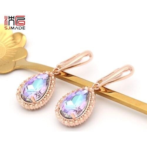 SJMADE Europe America Fashion Elegant 585 Rose Gold Water Drop Crystal Dangle Earrings For Women Wedding Jewelry Engagement Gift