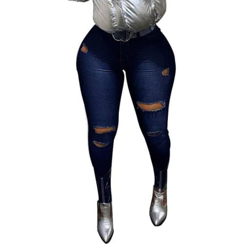 Dark Blue Skinny Ripped Jeans for Women Fashion Slim Push Up High Waist Denim Pencil Pants Lady Sexy Hollow Out Distressed Jeans