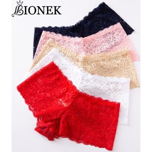 BIONEK Panties Women Sexy Lace Seamless Mid-Rise Boxer Briefs Breathable Girls Underpants Solid Color Comfortable Underwear