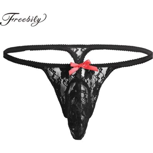 Men Lingerie Sexy Lace Thongs See-through Bulge Pouch Open Butt Bikini G-string Underwear Gay Sissy Mens Panties Underpants