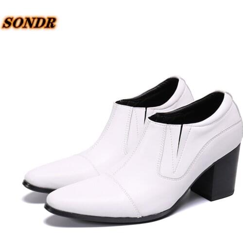 High Heels Dress Mens Loafers Shoes Formal Suit Genuine Leather Shoes Slip On Pointed Toe British Business Shoes Zapato De Boda