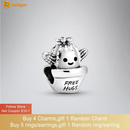 Volayer 925 Sterling Silver Beads Free Hugs Cactus Charms fit Original Pandora Bracelets for Women Jewelry Making Birthday Gift