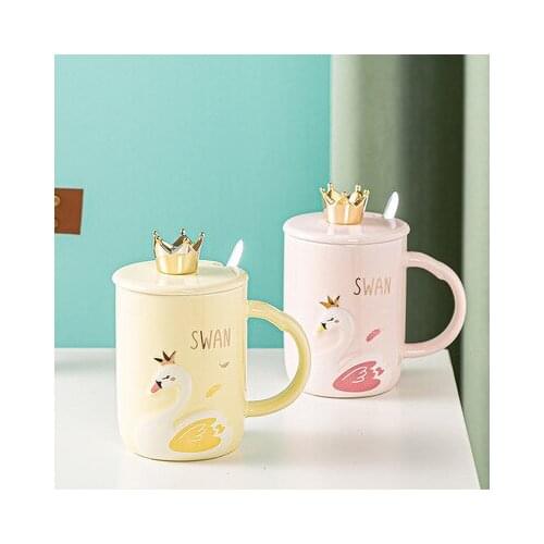 High Quality Relief Swan Coffee Mug with Spoon Lid Cartoon Animals 400mL Colorful Glaze Breakfast Milk Juice Lovers Ceramic Cups