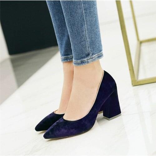 YMECHIC Lady Flock Chunky High Heels Office Dress Pumps Women Red Blue Black Pointed Toe High Heel Pumps Summer Shoes Plus Size