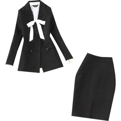 Set female spring and summer new womens long section OL office ladies commuter black suit bow shirt shirt hip skirt set