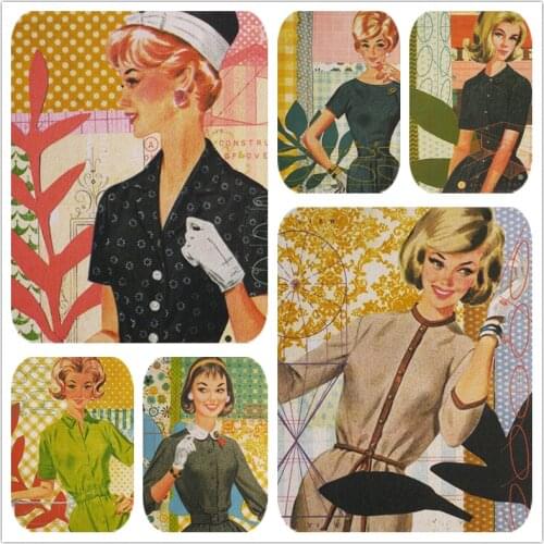 6PCS Retro pinup girl fabric Hand dyed painting Digital printing cloth 15X15CM cotton canvas handwork DIY quilt fabric patchwork