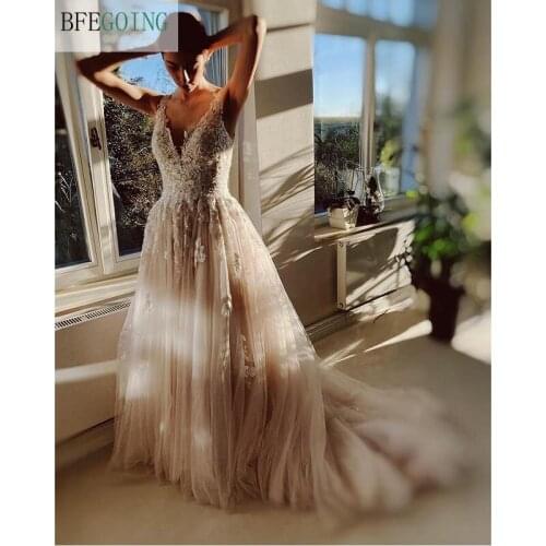 Ivory Beading Lace Champagne Satin V-Neck Floor-Length A-Line Wedding Dresses Chapel Train Sleeveless Bridal Gowns