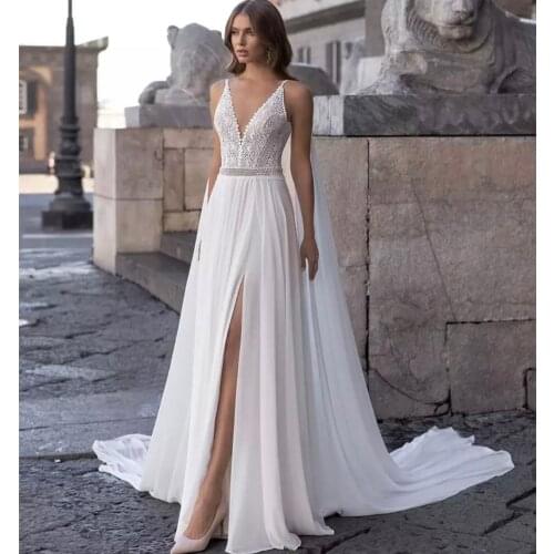 Sleeveless V-Neck Wedding Dress A-Line Side Slit Spaghetti Straps Lace Applique Backless Floor Length Sweep Train Bride Gown New