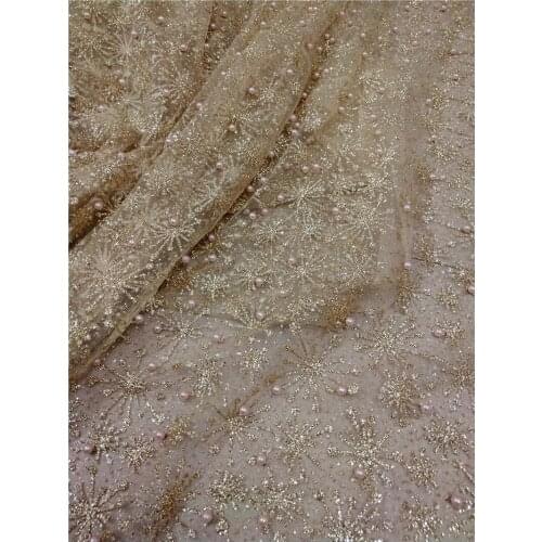 Shinny african glitter tulle fabric sparkly YG-325 glued glitter lace fabric with pearls for fashion show or wedding dress