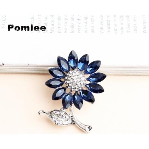 Pomlee Sunflower Brooches Royal Blue Crystal For Women Fashion Clear Rhinestone Brooch Pin High Quality Cute Mother Gift New