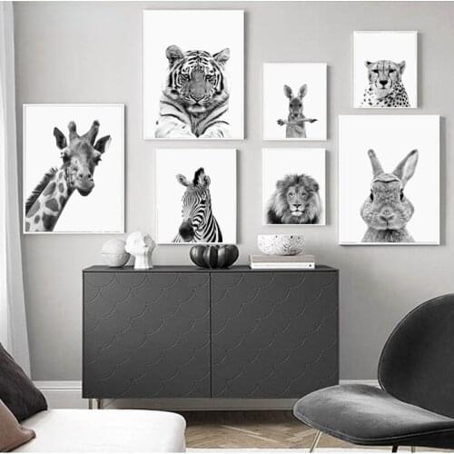 Black and White Safari Animals Lion Zebra Elephant Wall Art Canvas Painting Posters and Prints Wall Pictures for Room Decoration