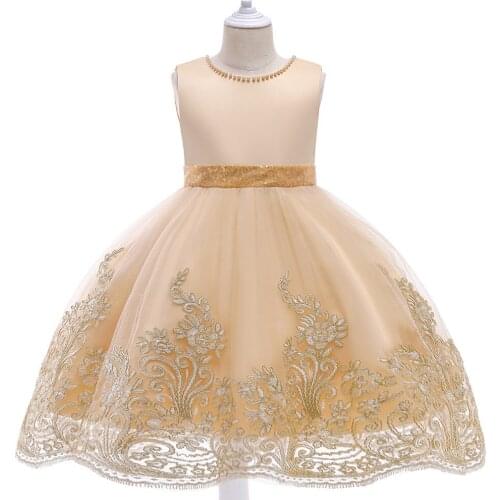 Elegant Princess Champagne Flower Girl Dresses 2021 with Peals and Gold Belt Appliques Children Clothing Wedding Party Dress