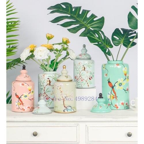 Retro With cover Flowers and birds ceramics vase storage jar Organize Chinese Home desktop decorations Creative decoration