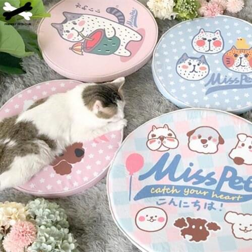 Summmer Cat Mat Cooling Ice Round Pad For Small Medium Cats Dogs Removable Cold Cushion Washable Carton Pet Dog Bed Blanket