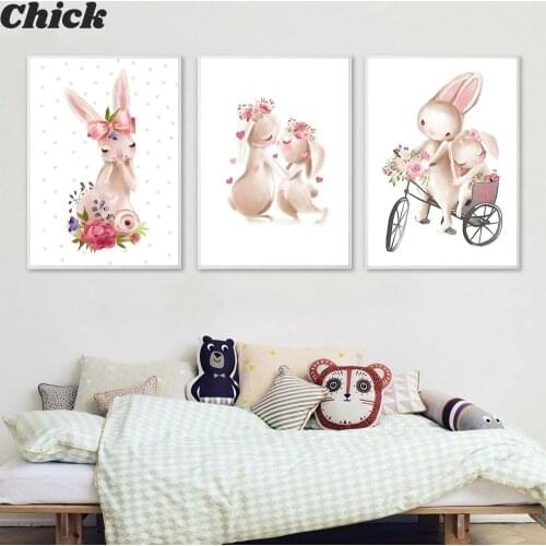 Bunny Poster Paintings Animal Nursery Wall Art Print Rabbit Canvas Painting Flower Nordic Wall Picture Girl Baby Room Decoration