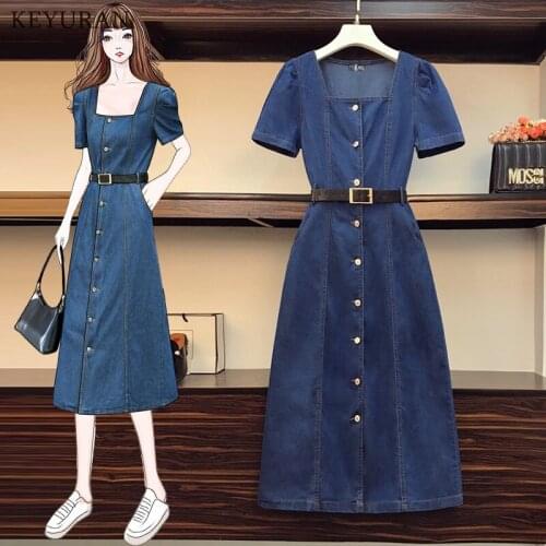 Summer Denim Dress 2021 Korean Fashion A-Line Short Sleeve Jeans Dress Women Sundress Ins Plus size Dresses with Belt Vestidos