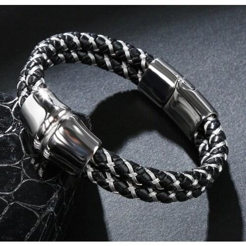 MOZO FASHION 2020 Hot Sale Men Bracelet Genuine Leather Rope Stainless Steel Magnetic Clasps High Quality Jewelry Gifts 103
